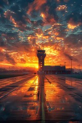 Enter the realm of a bustling airport scene as the morning sun paints the sky with a dramatic palette, setting the stage for the day's journey - obrazy, fototapety, plakaty