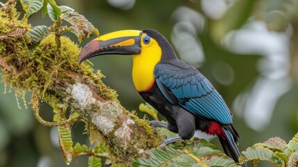 Naklejka premium a colorful bird perched on top of a tree branch with moss growing on it's sides and a yellow, blue, and black beak.