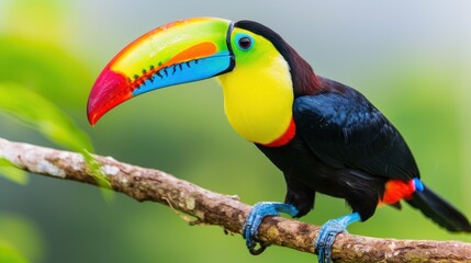 a colorful toucan sitting on top of a tree branch with a bright colored beak and a black, yellow, red, and green beak. - obrazy, fototapety, plakaty