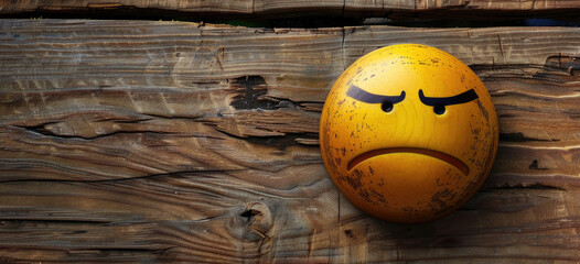 Angry yellow smiley face isolated on wooden background