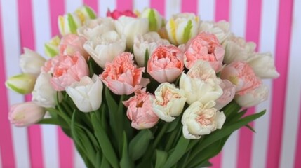 a vase filled with pink and white tulips on a pink and white striped wall behind a pink and white striped wall.