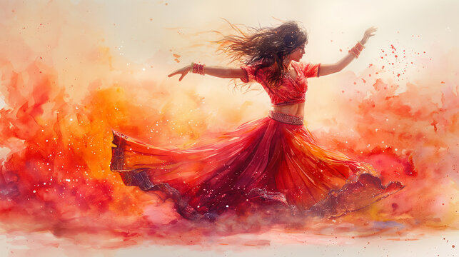 Watercolour illustration of dancing Indian girl in national dress. Selective focus. Copy space. Indian culture concept 