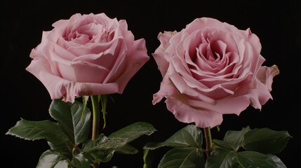a couple of pink roses sitting on top of a green leafy plant in front of a black back ground.