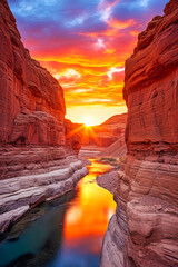 The Sun Sets Over a River in a Canyon
