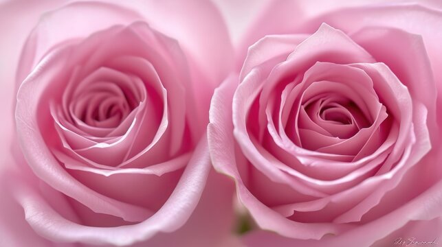 a close up of two pink roses on a white background with a blurry image of the center of the flower.