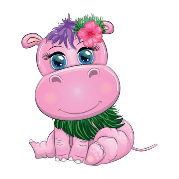 Hippopotamus cartoon character, wild animal in swimming ring, hat, summer is coming, hula dancer