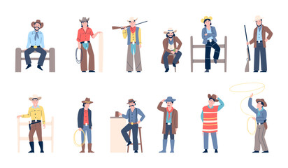 Flat cowboys. Men in cowboy costume in different poses. Wild west characters wear hats and stylish traditional texas outfits, recent vector set