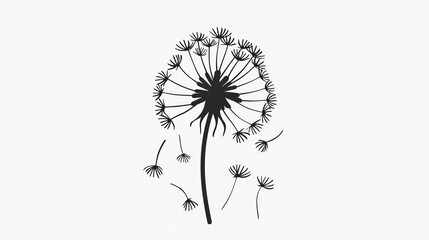 a black and white photo of a dandelion with the seeds blowing in the wind on a white background.