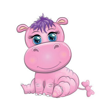 Cute Cartoon Hippo Princess in a pink dress with hearts
