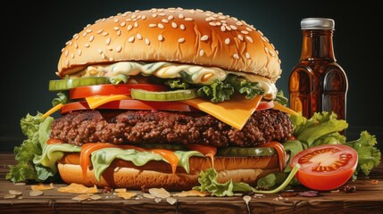 Juicy hamburger with cheese, lettuce, tomato, and other toppings