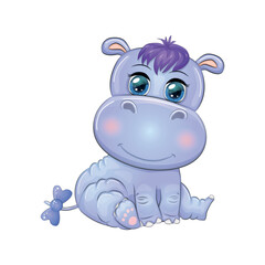 Hippopotamus cartoon character, wild animal wearing a wreath, spring is coming. Character with bright eyes.