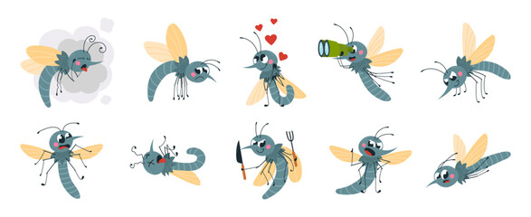 Funny mosquitoes. Isolated mosquito in various poses and with different emotions. Cartoon parasitic seasonal insect, cute classy vector characters