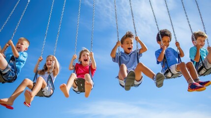 A joyful event of leisure and fun as a group of children travel through the sky on electric blue swings, happily sharing the experience in the clouds. AIG41