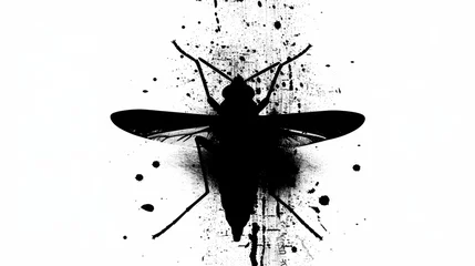 Foto op Plexiglas Grunge vlinders a black and white photo of a bug on a white background with splats of paint on the back of it.