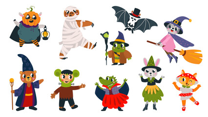 Animals wear halloween costumes. Wizard and witch, bat and egyptian mummy. Cute childish mascots, fairy tale characters. Isolated classy animal vector set
