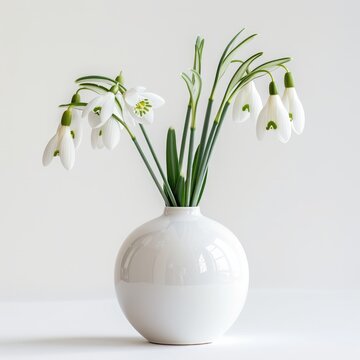 snowdrop flowers in a white vase on the table.