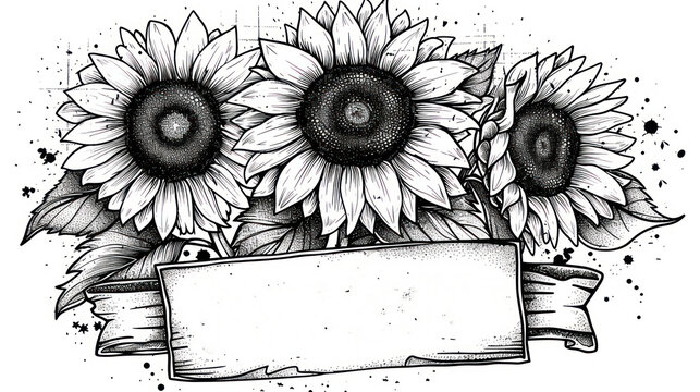 a black and white drawing of sunflowers with a banner in the middle of the image that says, sunflower.