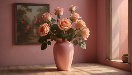 Peach Roses in a Pink Vase 6