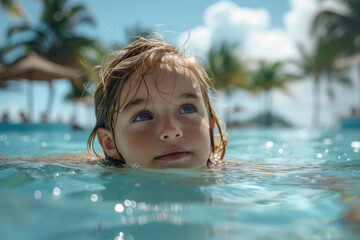 Fototapeta na wymiar Caucasian child girl swim on tropical sea against the background of palm trees.