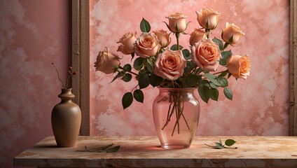 Peach Roses in a Pink Vase 12