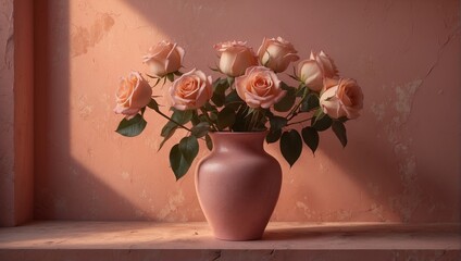 Peach Roses in a Pink Vase 9