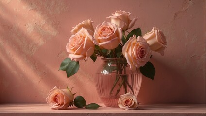 Peach Roses in a Pink Vase 17