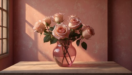 Peach Roses in a Pink Vase 18