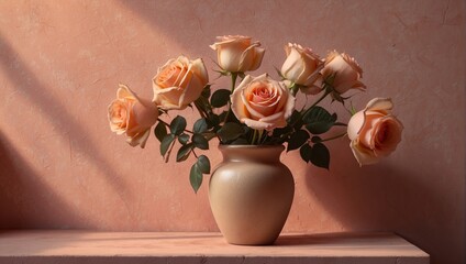 Peach Roses in a Pink Vase 24
