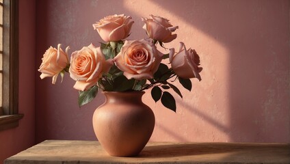 Peach Roses in a Pink Vase 16