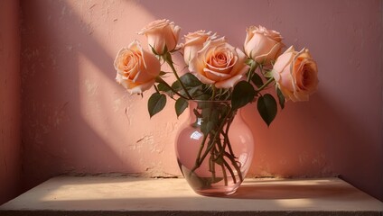 Peach Roses in a Pink Vase 25