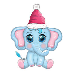 Cute cartoon elephant, childish character with beautiful eyes wearing santa hat, scarf, holding gift, christmas ball