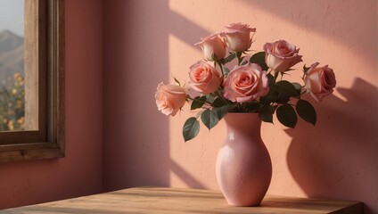 Peach Roses in a Pink Vase 37