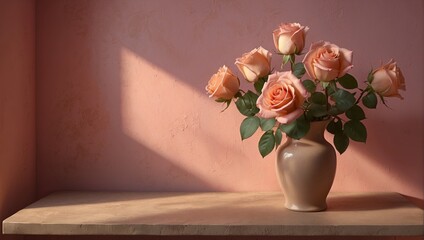 Peach Roses in a Pink Vase 35