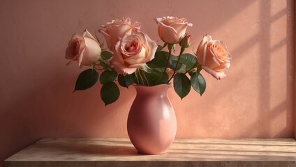 Peach Roses in a Pink Vase 30