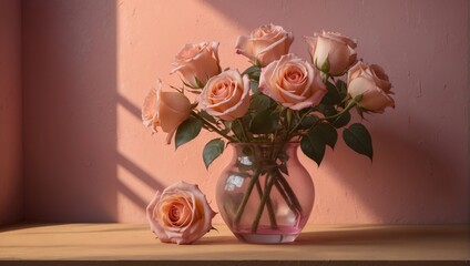Peach Roses in a Pink Vase 33