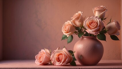 Peach Roses in a Pink Vase 36