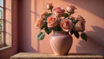 Peach Roses in a Pink Vase 43