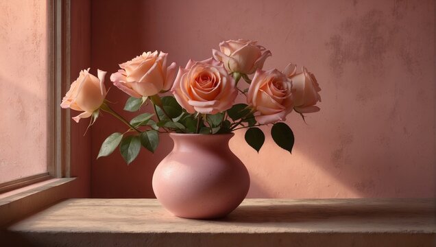 Peach Roses in a Pink Vase 8