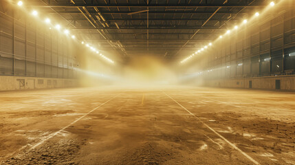 Empty dusty arena with many spotlights - obrazy, fototapety, plakaty
