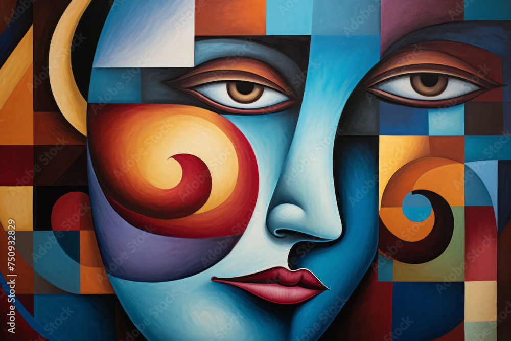 Poster abstract multicolored face in an abstract cubist or cubism style painting