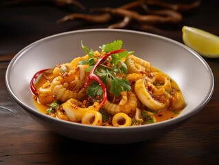 delectable fusion dish of stir-fried squids with yellow curry powder, combining the bold flavors of Thai cuisine with a modern twist. The tender squids are expertly sautÃ©ed in a fragrant yellow
