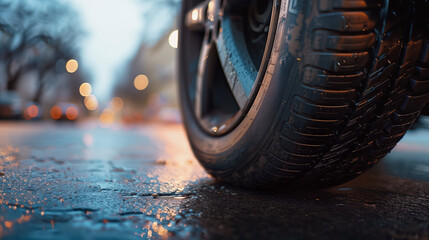 Car tire on a wet street