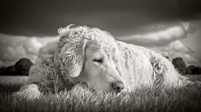 a black and white photo of a sheep laying in a field of grass with a cloudy sky in the background.