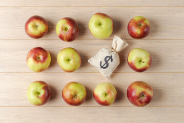 Apples in formation around a Dollar money bag - 750933008