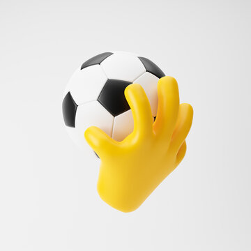 Yellow emoji hand holding football isolated over white background. 3d rendering.