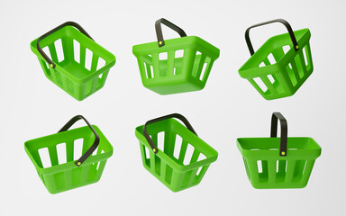 Green shopping baskets set isolated over white background. 3D rendering.