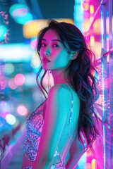 cyberpunk dreamscape: Japanese woman with long, wavy hair, gazing over her shoulder, donning a radiant iridescent sleeveless dress amidst vibrant neon lights in pink and blue hues