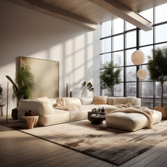 A modern living room with an oversized sectional, an accent chair, and a statement rug