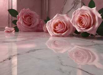 Rose flowers and rose petals on the marble floor