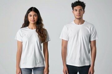 Obraz premium Mockup featuring male and female models wearing plain white T-shirts against a simple background, perfect for showcasing your design ideas